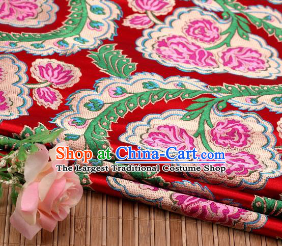 Asian Chinese Traditional Red Satin Peony Pattern Nanjing Brocade Fabric Tang Suit Silk Material
