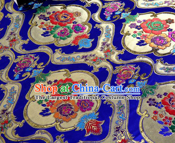 Asian Chinese Traditional Royal Peony Pattern Royalblue Satin Nanjing Brocade Fabric Tang Suit Silk Material