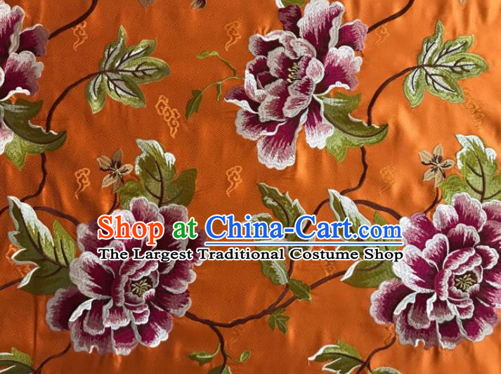 Asian Chinese Traditional Cheongsam Orange Brocade Fabric Suzhou Embroidered Peony Pattern Silk Fabric Material