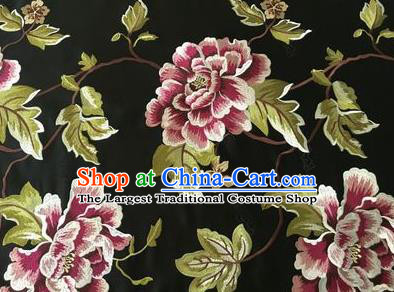 Asian Chinese Traditional Cheongsam Black Brocade Fabric Suzhou Embroidered Peony Pattern Silk Fabric Material