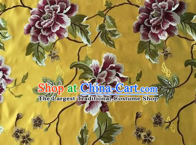Asian Chinese Traditional Cheongsam Yellow Brocade Fabric Suzhou Embroidered Peony Pattern Silk Fabric Material