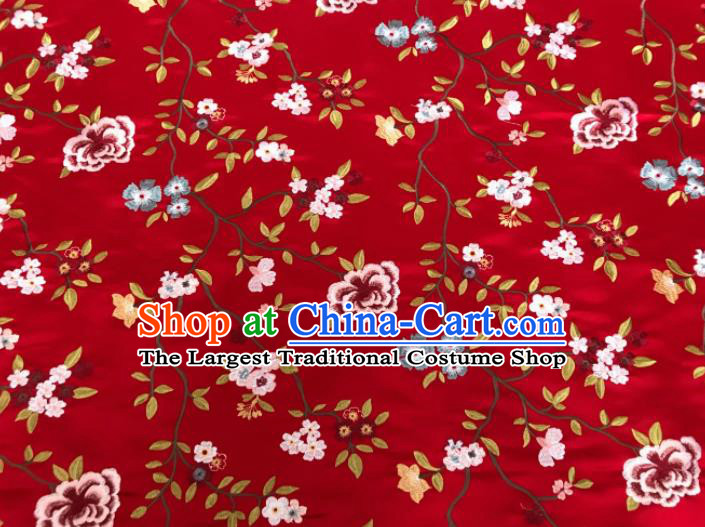 Asian Chinese Traditional Cheongsam Embroidered Flowers Pattern Red Brocade Fabric Suzhou Silk Fabric Material