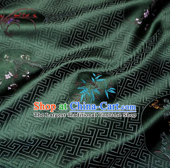 Asian Chinese Traditional Deep Green Brocade Fabric Plum Blossom Orchid Bamboo and Chrysanthemum Pattern Tang Suit Silk Material