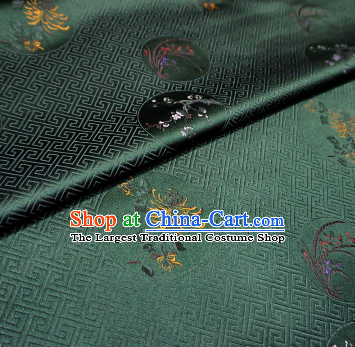 Asian Chinese Traditional Deep Green Brocade Fabric Plum Blossom Orchid Bamboo and Chrysanthemum Pattern Tang Suit Silk Material