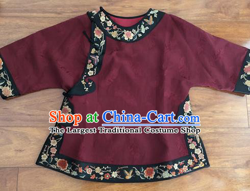 Chinese Traditional Embroidered Costume National Wine Red Silk Qipao Blouse for Women