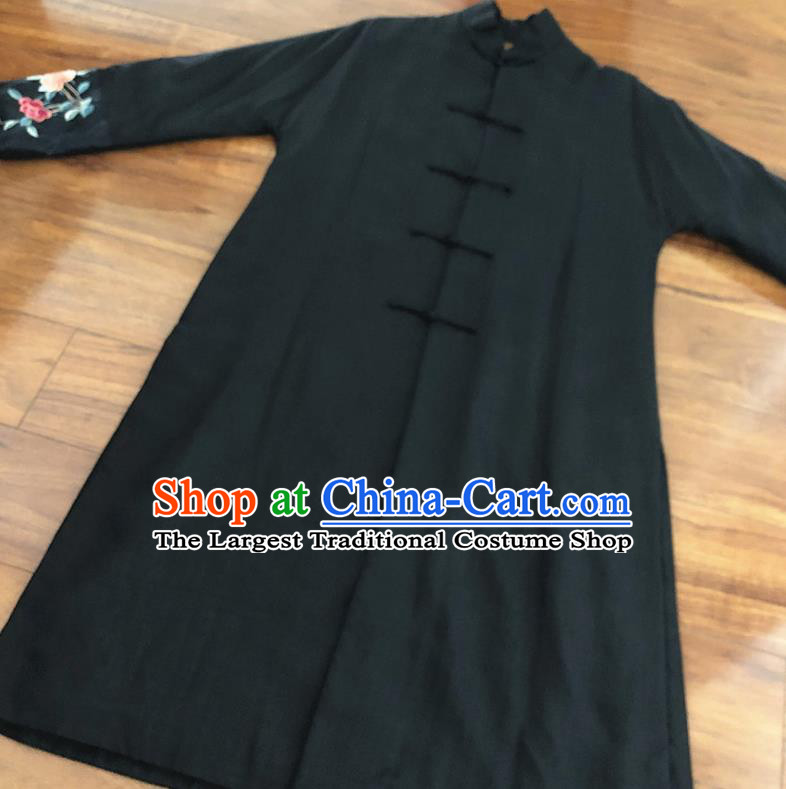 Chinese Traditional Costume National Embroidered Black Cotton Padded Coat Tang Suit Long Robe for Women