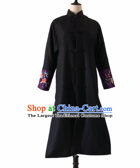 Chinese Traditional Embroidered Black Cotton Padded Coat National Costume Tang Suit Long Robe for Women