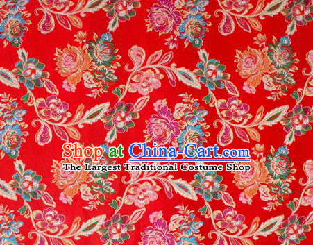 Asian Chinese Classical Peony Flowers Pattern Red Nanjing Brocade Traditional Tibetan Robe Satin Fabric Silk Material