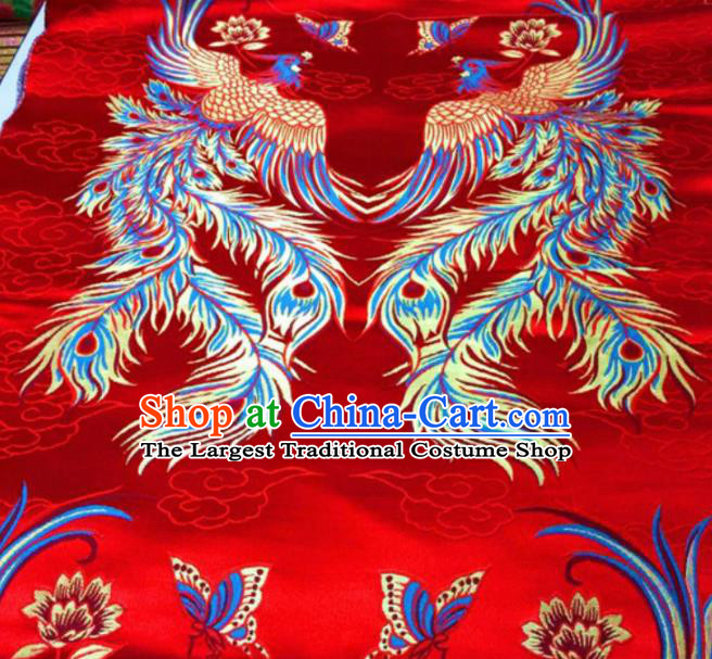 Asian Chinese Classical Phoenix Butterfly Pattern Red Brocade Traditional Tibetan Robe Satin Fabric Silk Material