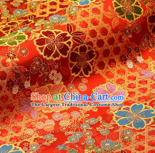 Asian Traditional Classical Sakura Pattern Nishijin Red Brocade Fabric Japanese Kimono Satin Silk Material