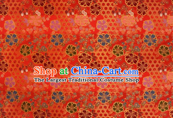 Asian Traditional Classical Sakura Pattern Nishijin Red Brocade Fabric Japanese Kimono Satin Silk Material
