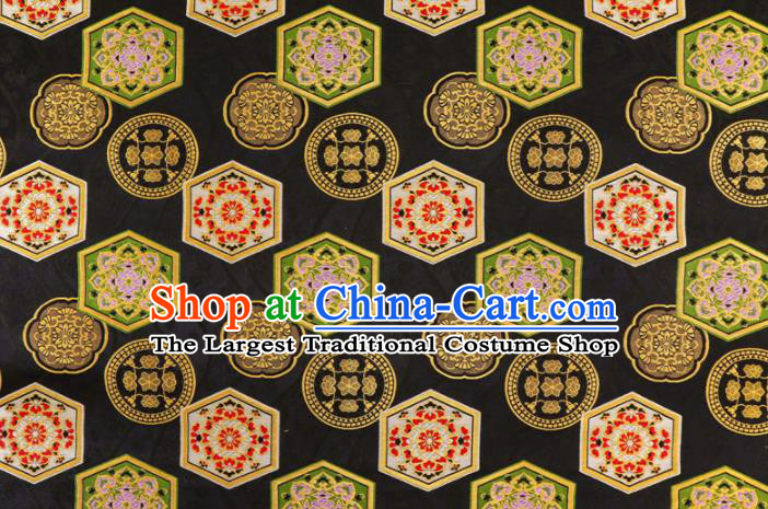 Asian Traditional Classical Tortoiseshell Pattern Nishijin Black Brocade Fabric Japanese Kimono Satin Silk Material