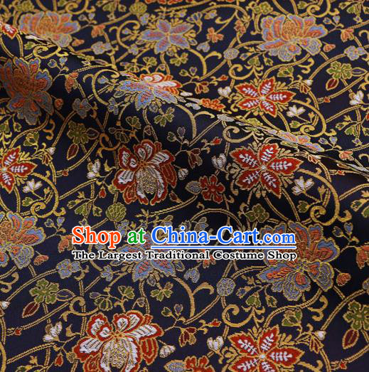 Asian Traditional Classical Flowers Pattern Nishijin Navy Brocade Fabric Japanese Kimono Satin Silk Material