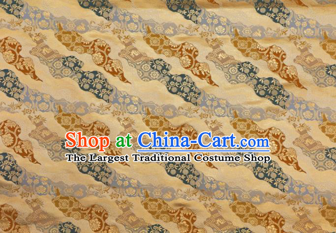 Asian Traditional Classical Pattern Golden Tapestry Satin Nishijin Brocade Fabric Japanese Kimono Silk Material