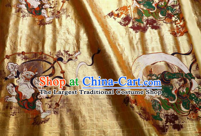 Asian Traditional Classical Thunder God Pattern Golden Brocade Fabric Japanese Kimono Satin Silk Material