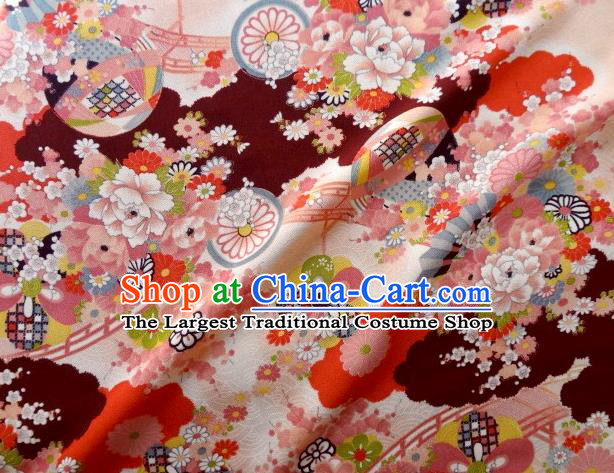 Asian Traditional Classical Peony Daisy Pattern Red Tapestry Satin Nishijin Brocade Fabric Japanese Kimono Silk Material