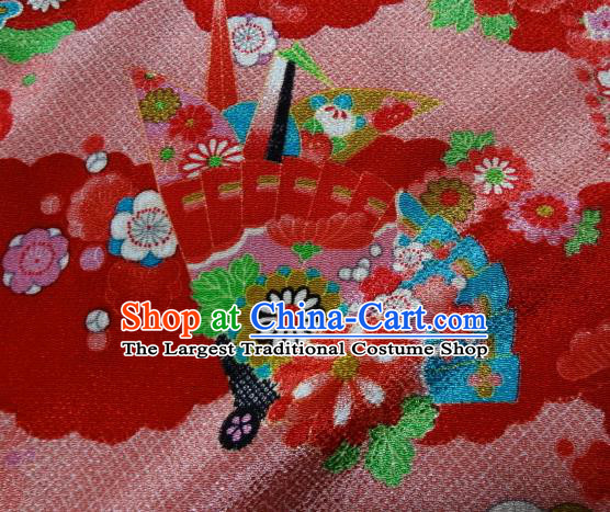 Asian Traditional Classical Paper Crane Fan Pattern Red Tapestry Satin Nishijin Brocade Fabric Japanese Kimono Silk Material