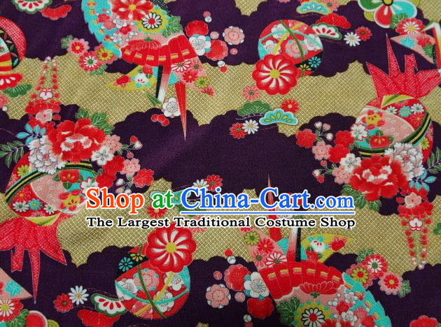 Asian Traditional Classical Paper Crane Fan Pattern Purple Tapestry Satin Nishijin Brocade Fabric Japanese Kimono Silk Material