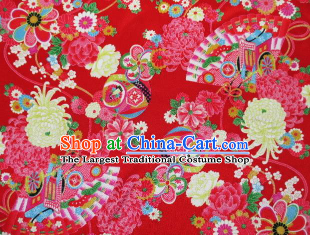 Asian Traditional Classical Chrysanthemum Fan Pattern Red Tapestry Satin Brocade Fabric Japanese Kimono Silk Material