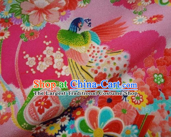 Asian Traditional Classical Peacock Pattern Pink Tapestry Satin Brocade Fabric Japanese Kimono Silk Material