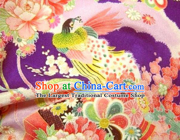 Asian Traditional Classical Peacock Pattern Purple Tapestry Satin Brocade Fabric Japanese Kimono Silk Material