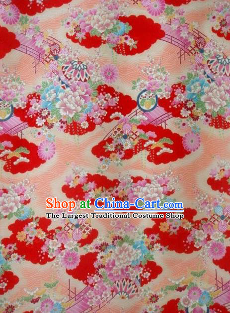 Asian Traditional Classical Peony Pattern Red Brocade Tapestry Satin Fabric Japanese Kimono Silk Material