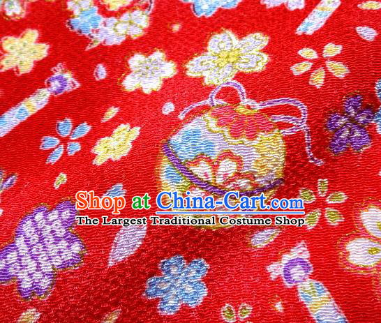 Asian Traditional Kimono Classical Sakura Bells Pattern Red Brocade Tapestry Satin Fabric Japanese Silk Material