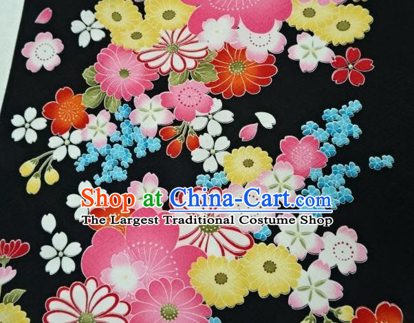 Asian Traditional Kimono Classical Flowers Pattern Black Brocade Tapestry Satin Fabric Japanese Silk Material
