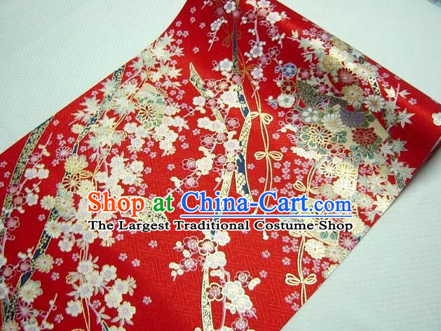 Asian Traditional Kimono Classical Sakura Pattern Red Nishijin Brocade Tapestry Satin Fabric Japanese Silk Material
