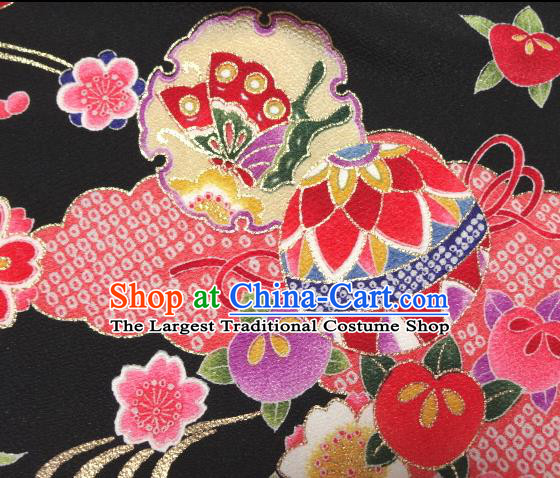 Asian Traditional Kimono Classical Ball Pattern Black Brocade Tapestry Satin Fabric Japanese Kyoto Silk Material