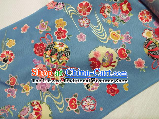 Asian Traditional Kimono Classical Ball Pattern Blue Brocade Tapestry Satin Fabric Japanese Kyoto Silk Material
