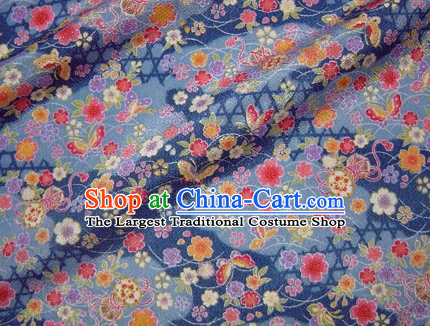Asian Traditional Classical Butterfly Sakura Pattern Blue Brocade Tapestry Satin Fabric Japanese Kimono Silk Material