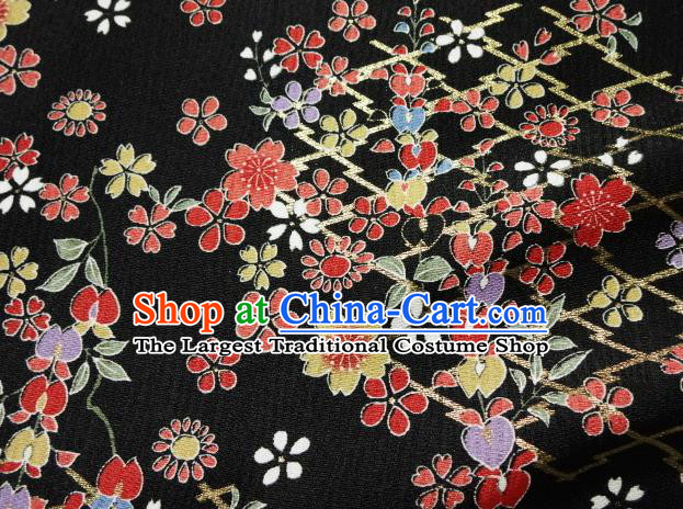 Asian Traditional Kimono Classical Primula Obconica Hance Pattern Black Brocade Tapestry Satin Fabric Japanese Kyoto Silk Material