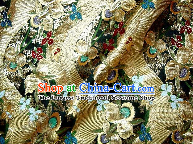 Asian Traditional Damask Classical Flowers Pattern Black Brocade Fabric Japanese Kimono Tapestry Satin Silk Material