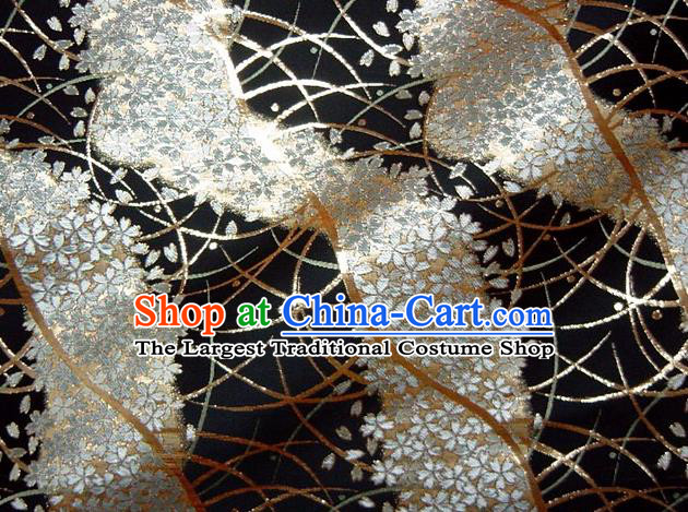 Asian Traditional Baldachin Classical Sakura Pattern Black Brocade Fabric Japanese Kimono Tapestry Satin Silk Material