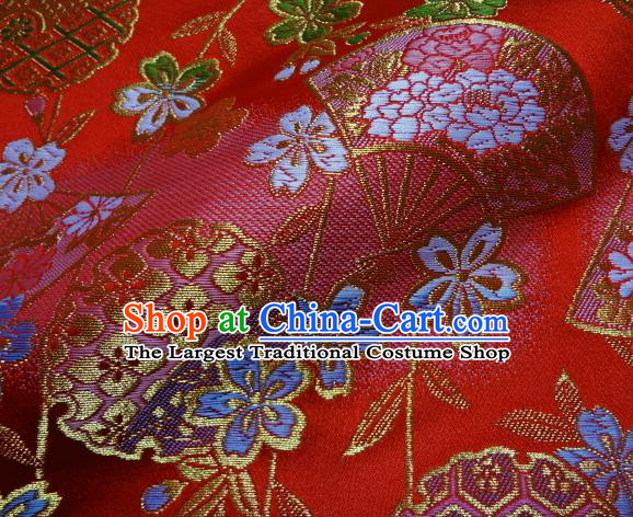 Asian Traditional Classical Sakura Fan Pattern Damask Red Brocade Fabric Japanese Kimono Tapestry Satin Silk Material