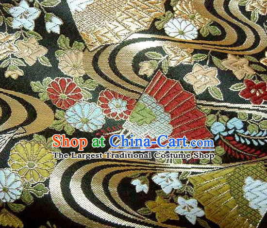 Asian Traditional Japanese Kimono Black Brocade Classical Fan Pattern Damask Fabric Tapestry Satin Silk Material