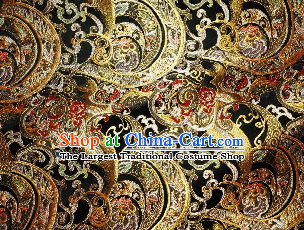 Asian Traditional Black Brocade Japanese Kimono Classical Pattern Damask Fabric Tapestry Satin Silk Material