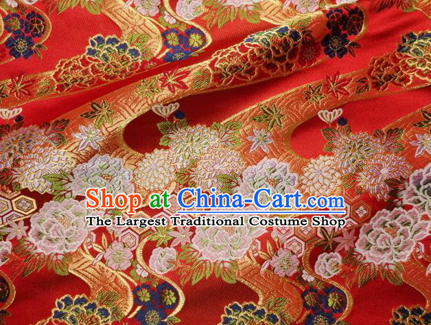 Asian Traditional Classical Peony Pattern Red Damask Brocade Fabric Japanese Kimono Tapestry Satin Silk Material