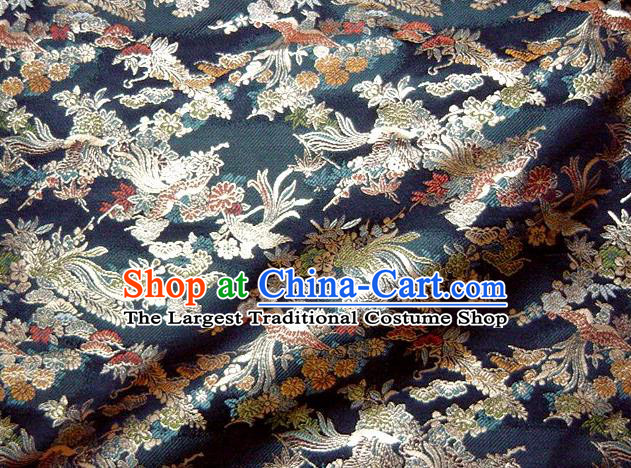 Asian Traditional Baldachin Classical Phoenix Daisy Pattern Navy Brocade Fabric Japanese Kimono Tapestry Satin Silk Material