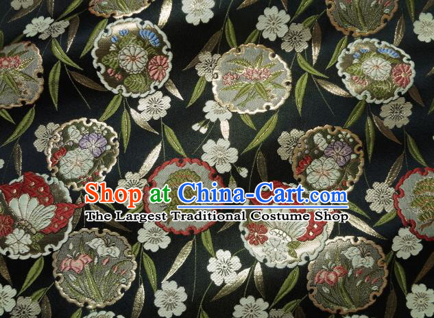 Asian Japanese Traditional Brocade Classical Bamboo Leaf Pattern Black Baldachin Fabric Kimono Tapestry Satin Silk Material