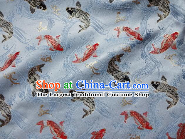 Asian Traditional Japanese Kimono Classical Fishes Pattern Blue Tapestry Satin Brocade Fabric Baldachin Silk Material