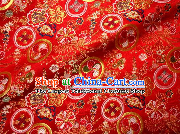 Asian Japanese Traditional Kimono Red Tapestry Satin Classical Plum Blossom Pattern Brocade Fabric Baldachin Silk Material