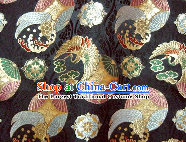 Asian Japanese Tapestry Satin Traditional Kimono Classical Cloud Crane Pattern Black Brocade Fabric Baldachin Silk Material