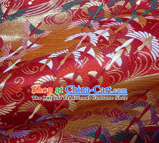 Asian Traditional Japanese Kimono Red Tapestry Satin Classical Crane Pattern Brocade Fabric Baldachin Silk Material