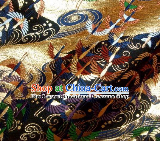Asian Traditional Japanese Kimono Black Tapestry Satin Classical Crane Pattern Brocade Fabric Baldachin Silk Material