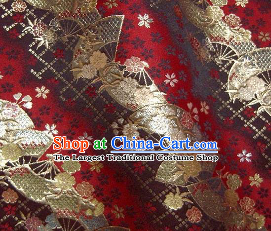 Asian Japanese Traditional Kimono Classical Fan Pattern Red Tapestry Satin Brocade Fabric Baldachin Silk Material