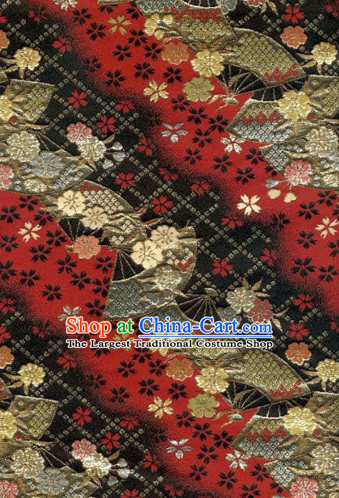 Asian Japanese Traditional Kimono Classical Fan Pattern Red Tapestry Satin Brocade Fabric Baldachin Silk Material