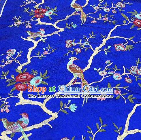 Asian Traditional Fabric Classical Embroidered Bird Flowers Pattern Blue Brocade Chinese Satin Silk Material