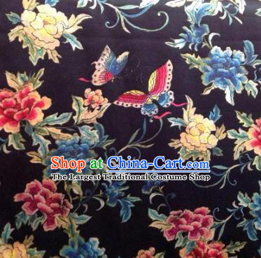 Asian Traditional Fabric Classical Butterfly Flowers Pattern Black Brocade Chinese Satin Silk Material